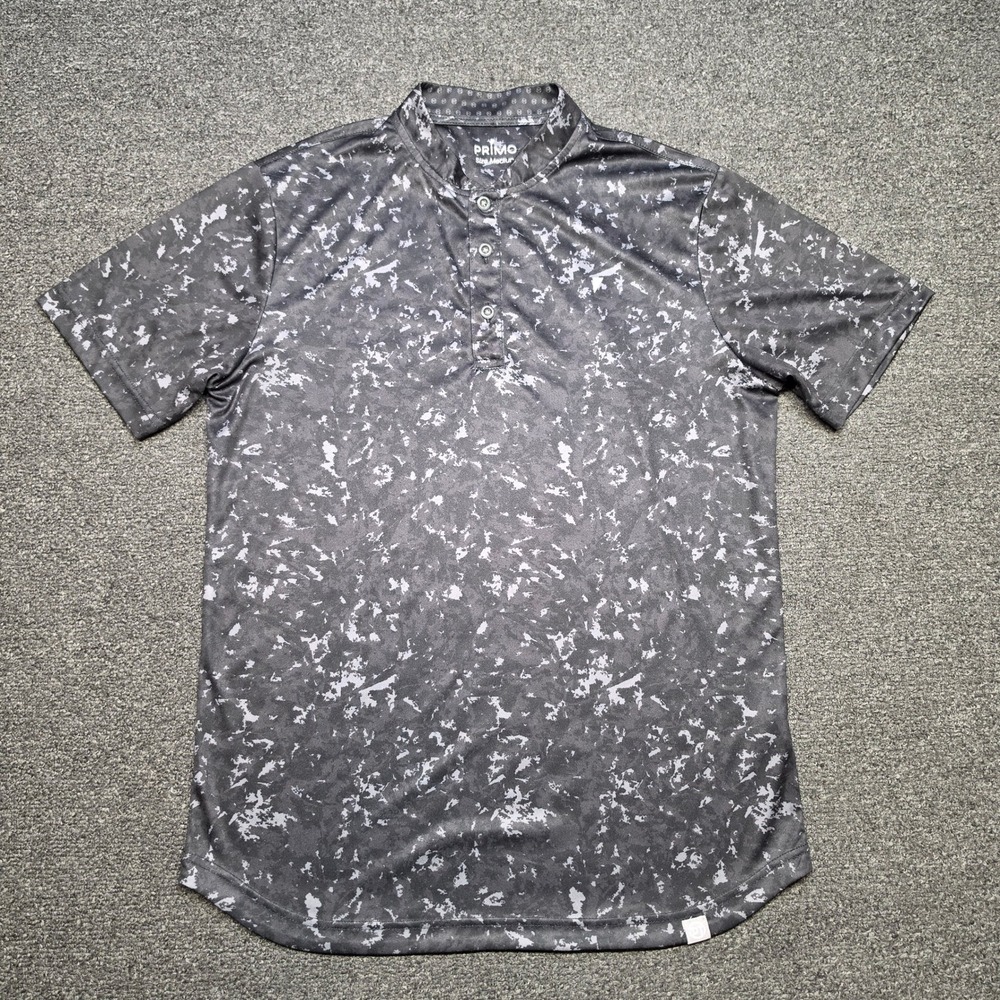 Primo Golf Henley Shirt Grey Black Mens Medium Blade Collar Abstract Print Sport